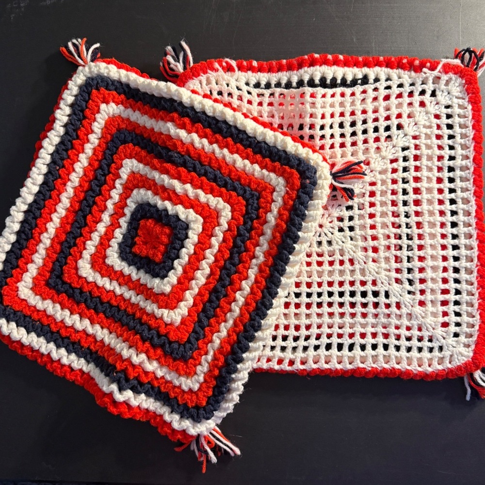 Vintage Handmade Crochet Pillow Covers Pair Red White Blue Buffalo Bills 17.5"